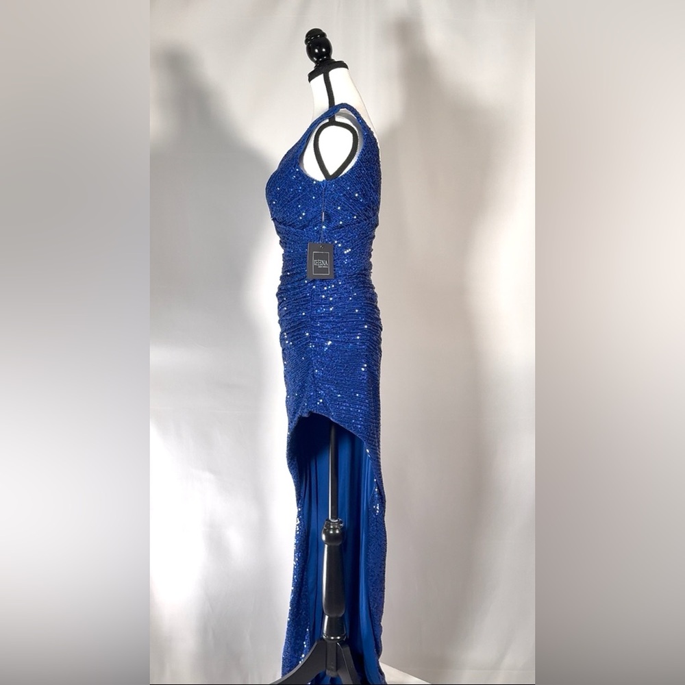 Mac Duggal Formal Blue Sequined Draped Faux Wrap Asymmetrical Hem Gown NWT $298 - Picture 4 of 6